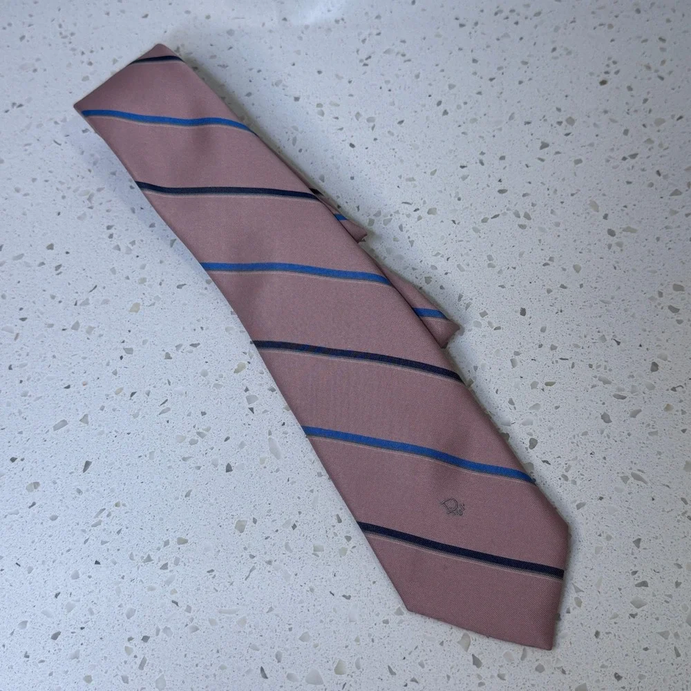 Christian Dior Mens Silk Blend Striped Tie Pink Blue Made in USA Italian Fabric